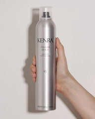 Kenra Volume Spray 25 hair-shine closeup shows natural-gloss finish with strong hold.