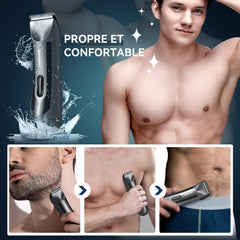 Kensen electric groin trimmer shown with LED light for precise low-light trimming.