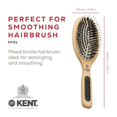 Kent PF01 wood paddle detangler showcasing compact beechwood base for easy travel grooming.