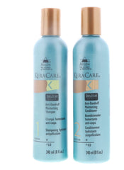 Keracare Avlon dry scalp shampoo bottle on bathroom sink promotes soothed scalp