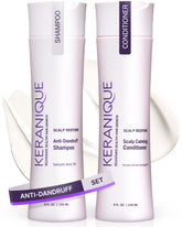 Keranique anti-dandruff shampoo bottle for soothing scalp and flakes reduction.