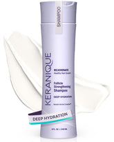 Keranique Deep Hydration Shampoo bottle front shows moisturizing formula for thinning hair.