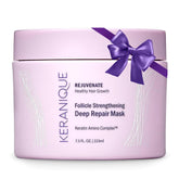 Keranique Hair Mask bottle with ceramides promotes smoother, hydrated hair.