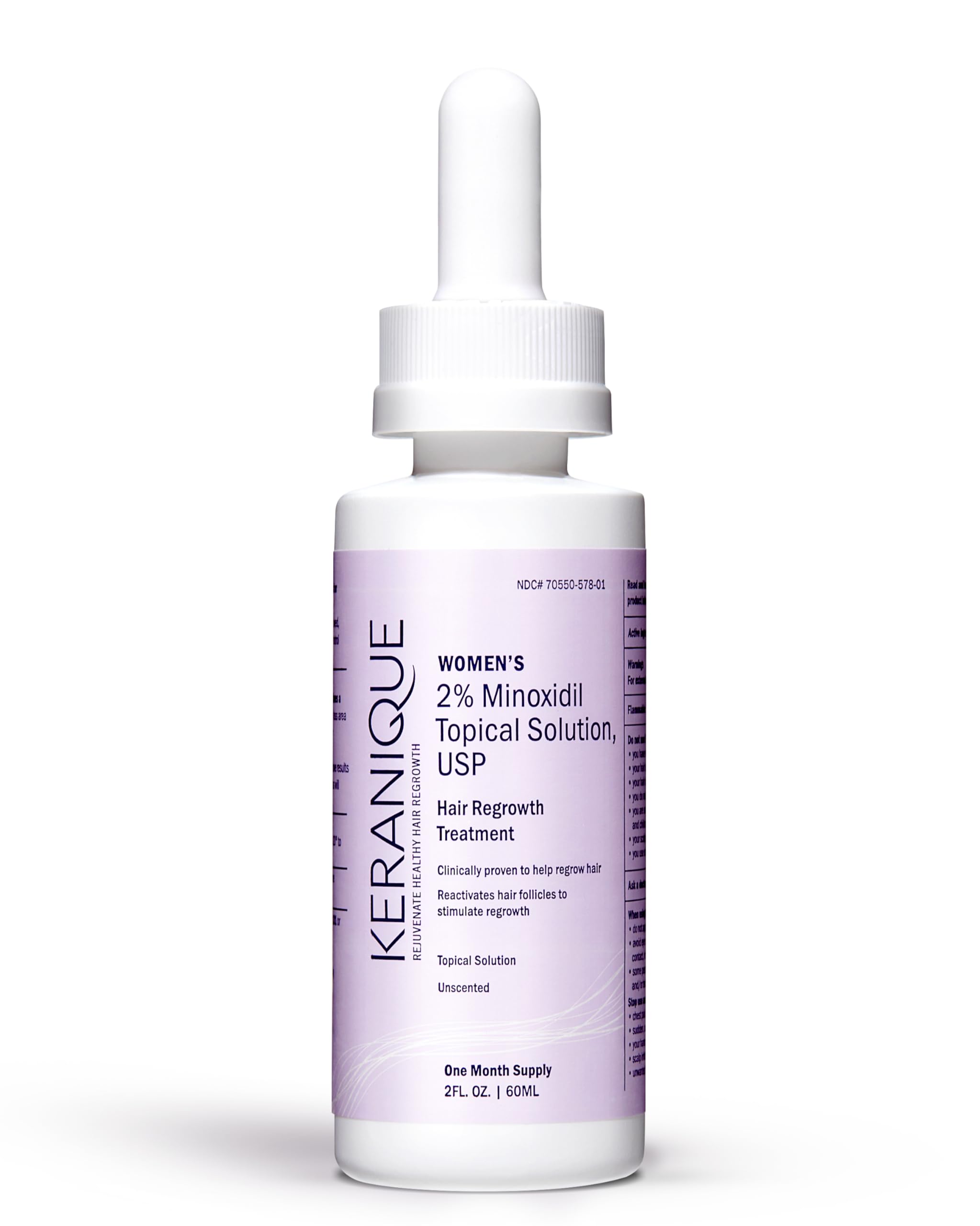 Keranique hair regrowth dropper bottle close-up for daily use and thicker-looking hair.
