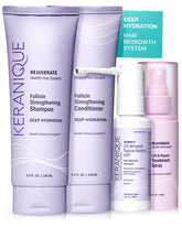 Keranique regrowth shampoo bottle closeup shows hydrating formula for dry, thinning hair.