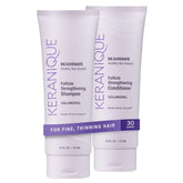 Keranique shampoo bottle closeup highlights volumizing formula for fine hair.