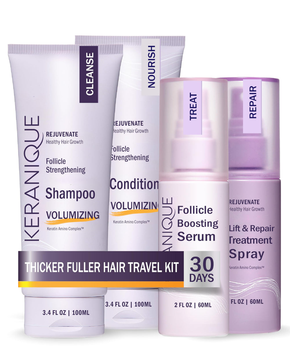 Keranique volume shampoo bottle adds fullness for fine hair.