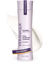Keranique volumizing keratin conditioner bottle highlighting volumizing for thinning hair.