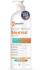 KERAPIL Exfoliating Body Wash bottle demonstrates unscented gentle cleansing.