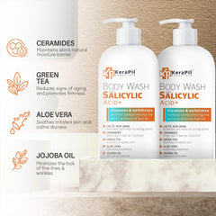 KERAPIL salicylic acid body wash foam shows cleansing lather for pores.