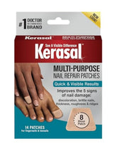 Kerasal multi-purpose nail repair patches pack shown for at-home nail care and improved appearance.