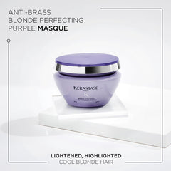 Kerastase Blond Absolu purple mask jar shows rich pigments for brassy neutralization.