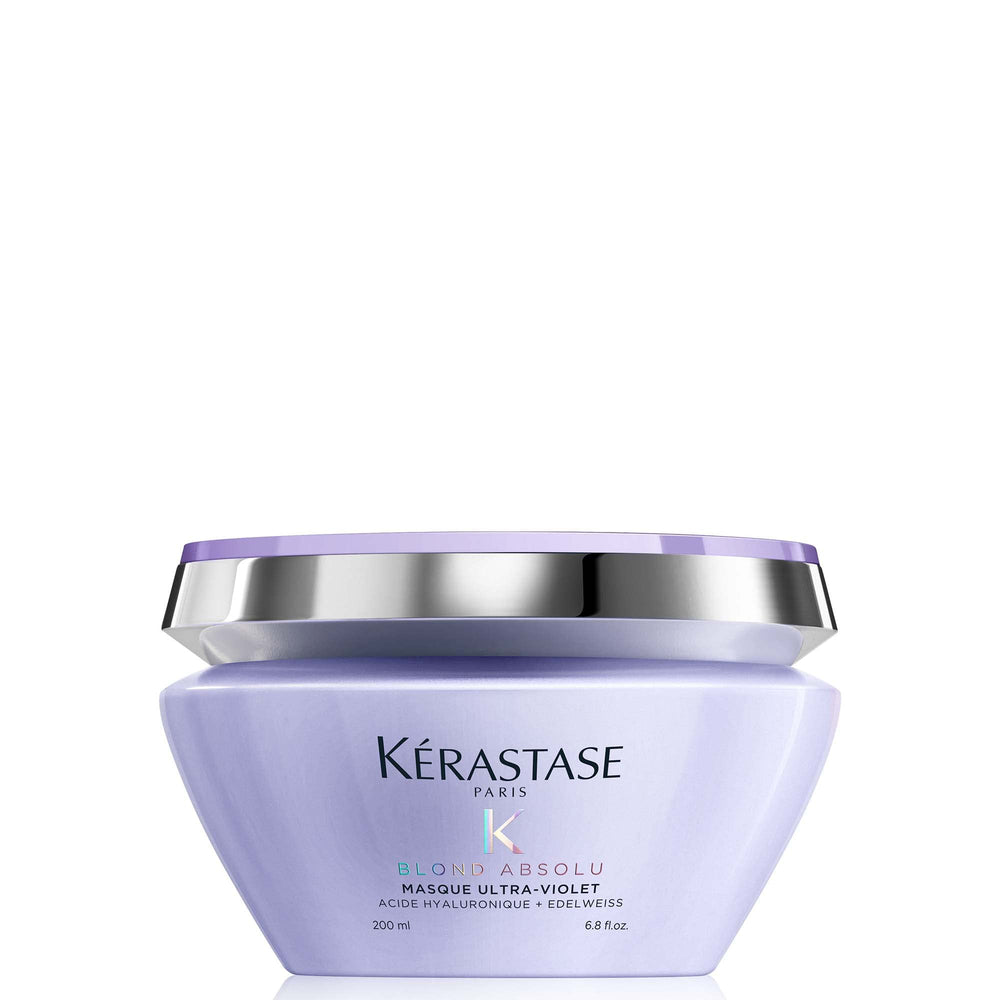 Kerastase Blond Absolu Ultra-Violet bottle demonstrates anti-brass action for cooler blonde tones.