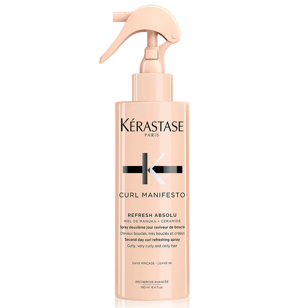 KÉRASTASE Curl Manifesto Refresh Absolu spray bottle close-up highlighting hydration and curl redefinition