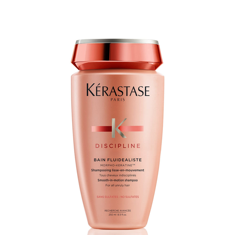 KÉRASTASE Discipline Bain Fluidealiste bottle front depicts sulfate-free smoothing promise.