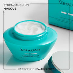 KÉRASTASE Resistance Masque Extentioniste applied to wet hair demonstrates deep conditioning for reinforced lengths.