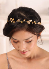 Kercisbeauty Gold Leaf Headband wedding-veil pairing creates luminous bridal look.