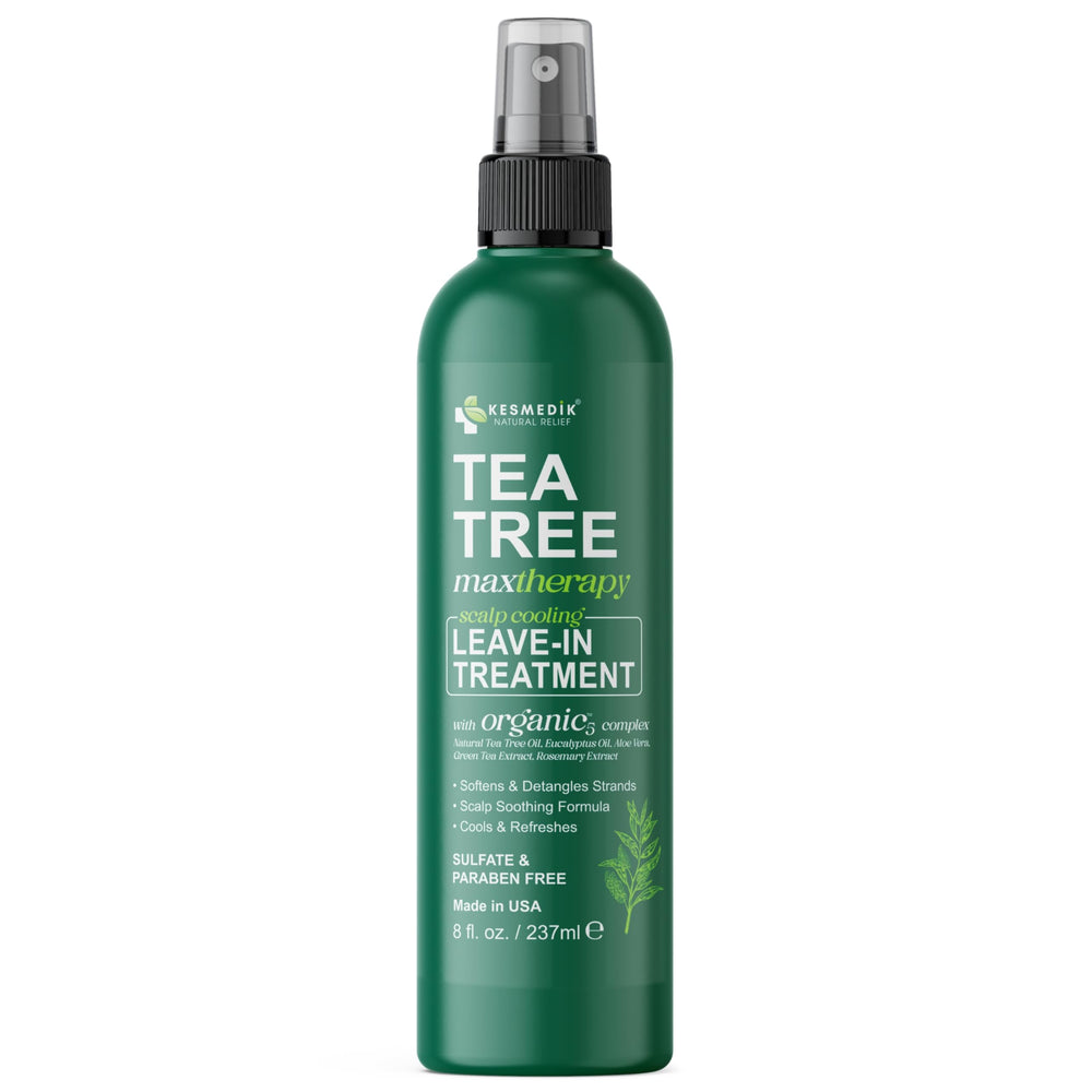 KESMEDIK Pure Tea Tree Oil leave-in conditioner bottle demonstrates detangling and frizz control.