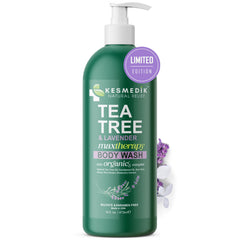 KESMEDIK Tea Tree Lavender Body Wash bottle with herbal aroma for refreshed skin