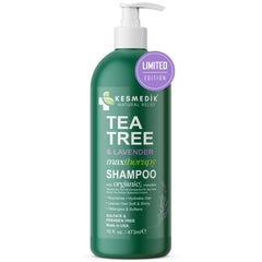 KESMEDIK Tea Tree Lavender Shampoo bottle shows a clarifying cleanse for all hair types