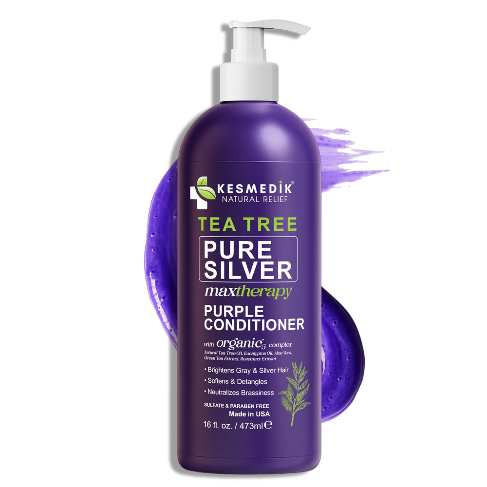 KESMEDIK Tea Tree Purple Conditioner bottle pour demonstrates color-safe hydration.