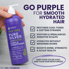 KESMEDIK Tea Tree Purple Conditioner application shows toning for blonde or silver tones.