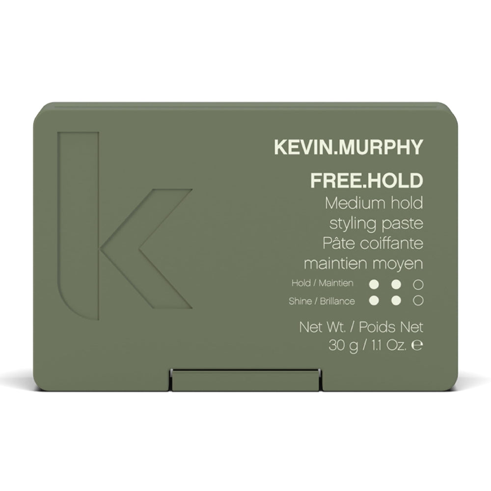 Kevin.Murphy FREE.HOLD jar closeup highlights creamy paste for flexible hold and natural shine.