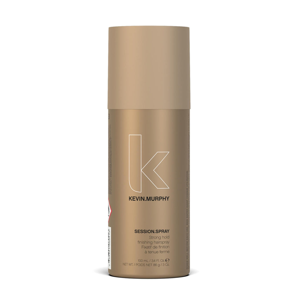 KEVIN.MURPHY Session.Spray bottle close-up highlighting long-lasting hold for all hair types.