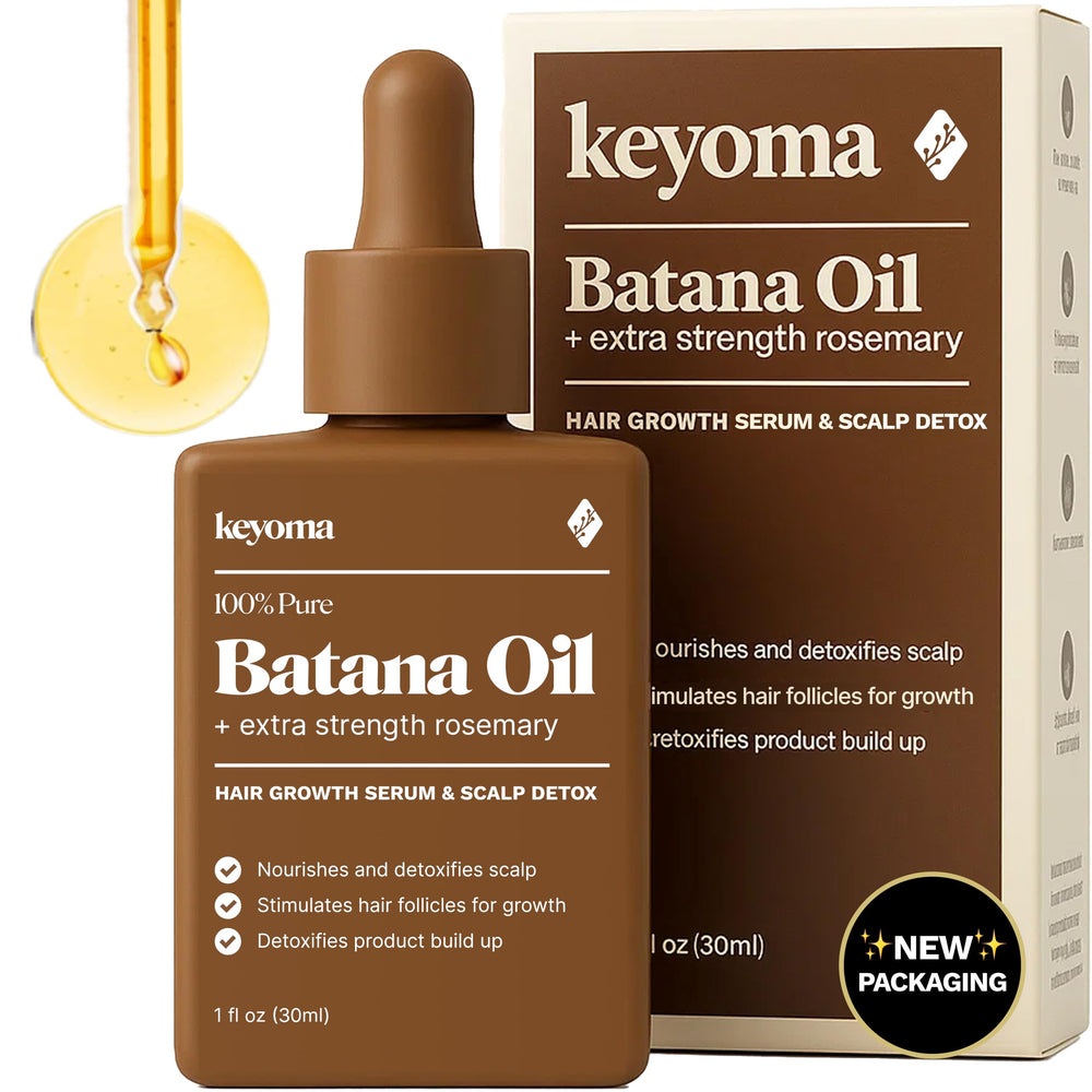 Keyoma Batana Oil with Rosemary bottle closeup for scalp nourishment and shine