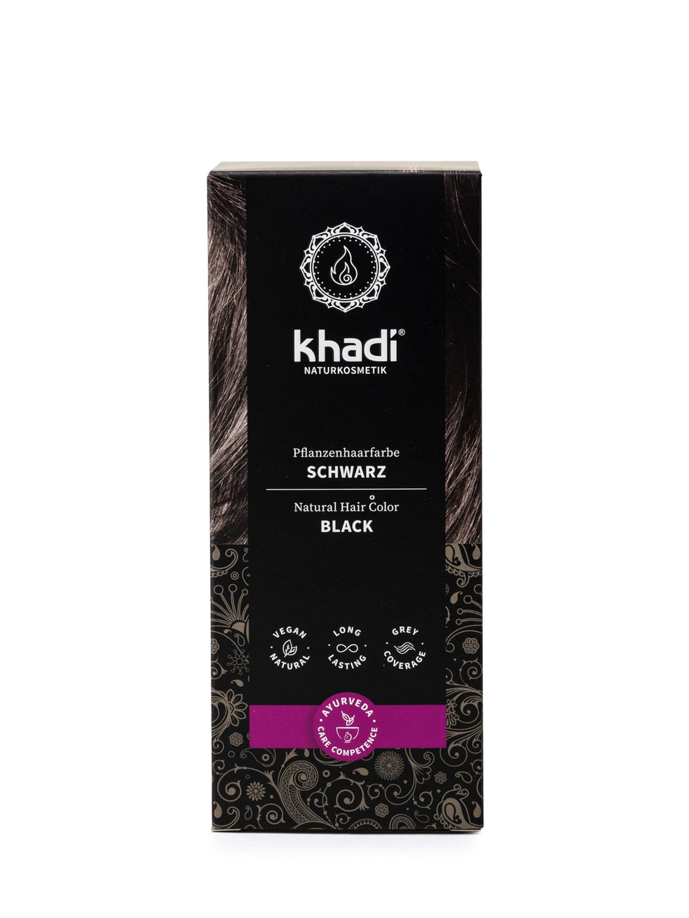 khadi BLACK hair color bottle close-up shows deep natural black shade with long-lasting shine