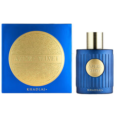 Khadlaj Azure Velvet base notes bottle highlights woody, powdery, and incense for lasting elegance