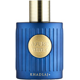 Khadlaj Azure Velvet top notes bottle shows bergamot, lavender, and mint for an invigorating opening