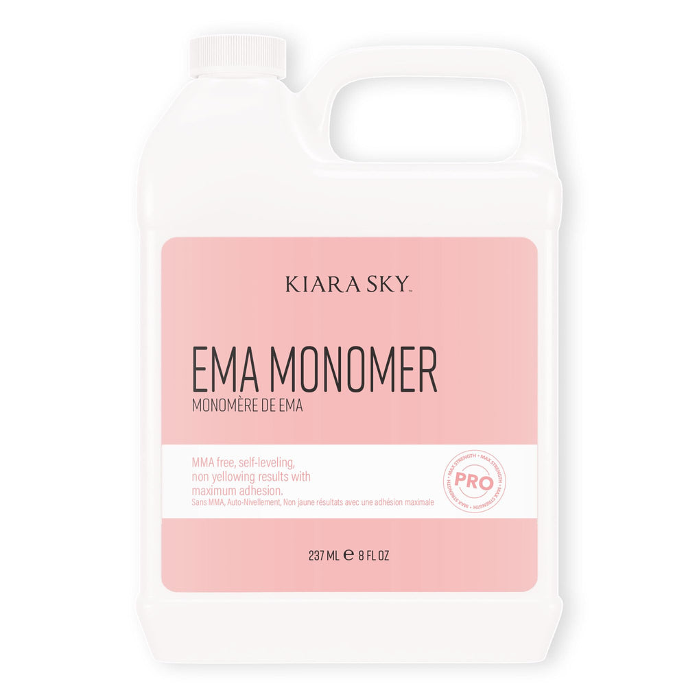 Kiara Sky EMA Monomer bottle close-up showing non-yellowing formula for lasting color.