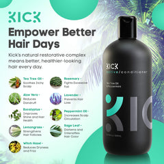 Kick Men's Conditioner Tea Tree label closeup shows clean ingredients you can trust.