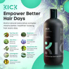 Kick Mens Shampoo peppermint-splash image conveys invigorating scalp sensation.