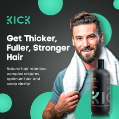 Kick Mens Shampoo pump-action image shows easy daily use for oil control.