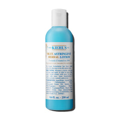Kiehl's Blue Astringent Herbal Lotion bottle shows cooling menthol for balanced oily skin.