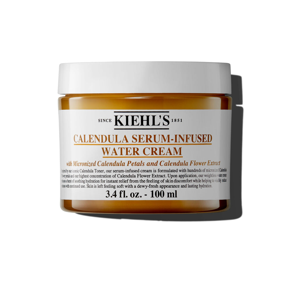 Kiehl's Calendula Serum-Infused Water Cream jar closeup shows soothing hydration.