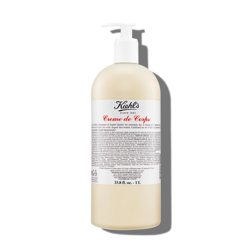 Kiehl's Creme de Corps bottle pump demonstrates fast-absorbing hydration for all skin types.