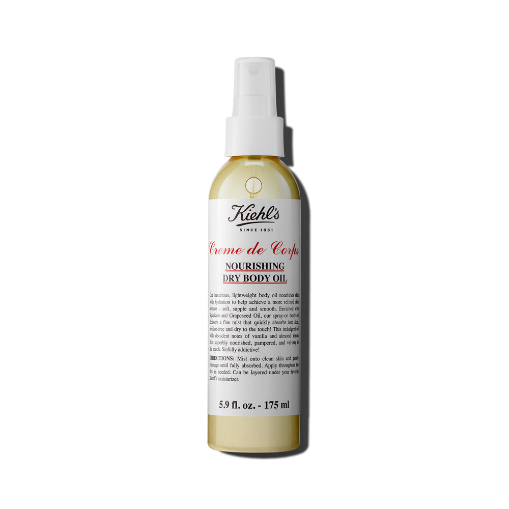 Kiehl's Creme de Corps Nourishing Dry Body Oil bottle ready for luxurious hydration and velvety skin.