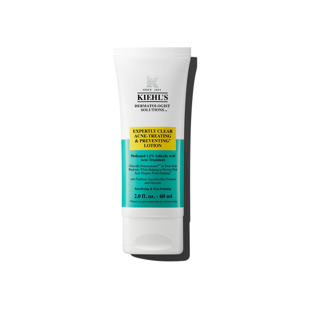 Kiehl's Expertly Clear moisturizer bottle closeup showing acne-fighting formula for clearer skin.
