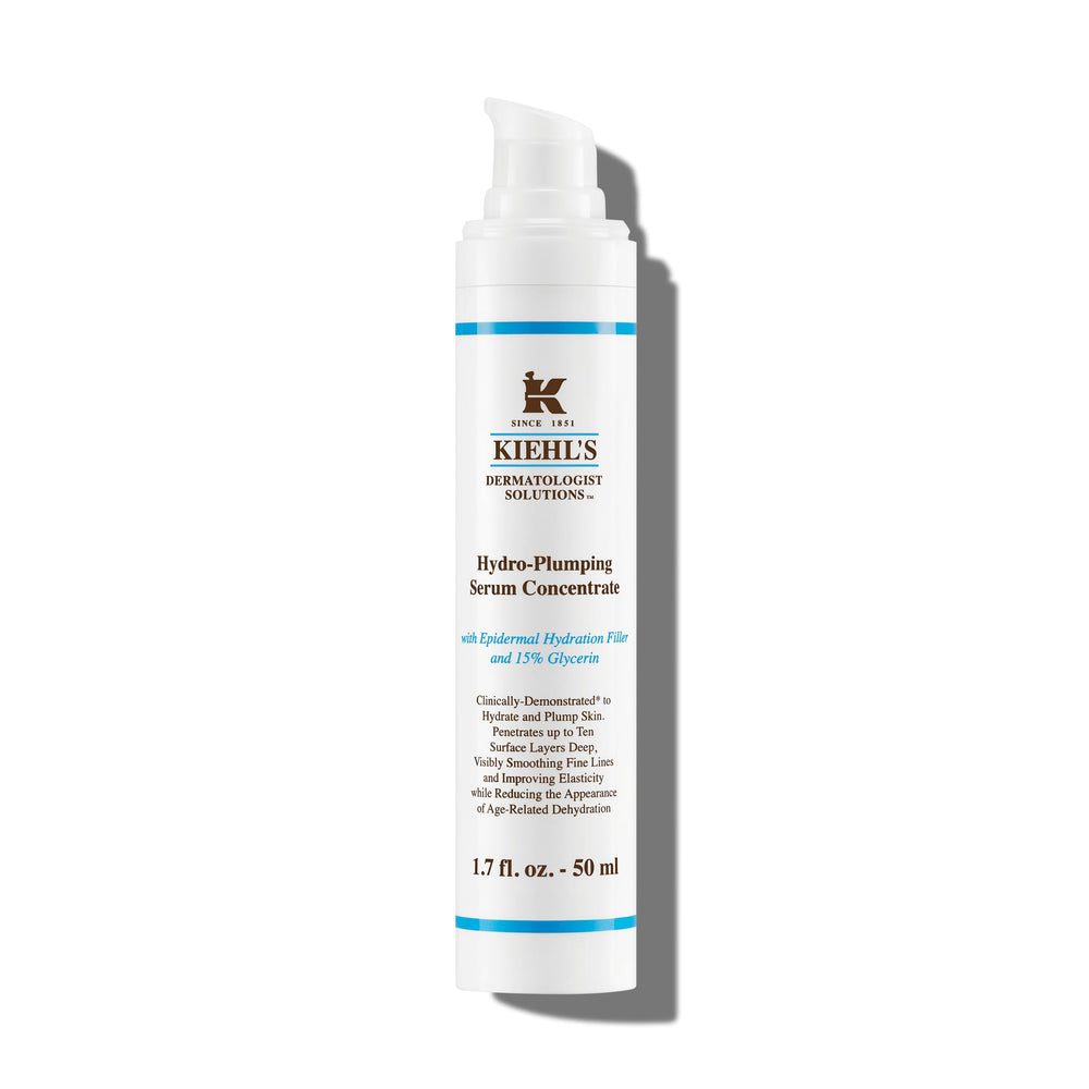 Kiehl's Hydro-Plumping serum bottle shows lasting hydration for plumper, smoother skin.