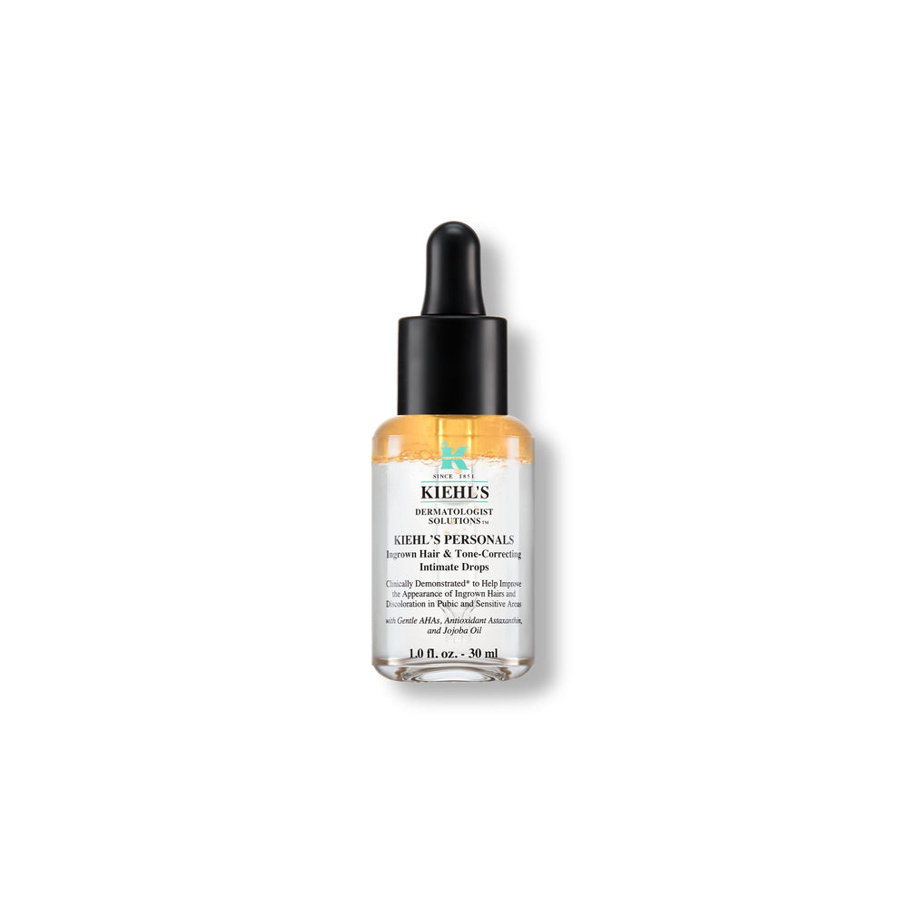 Kiehl's Ingrown Hair Drops bottle on vanity supports smoothing bikini line