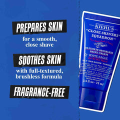 Close-up of razor glide with Kiehl's White Eagle brushless cream for comfort.