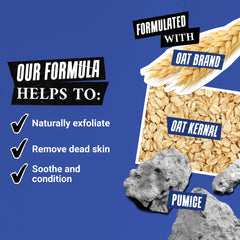 Kiehl's Ultimate Man Body Scrub bar with oat bran detail highlights soothing conditioning properties.