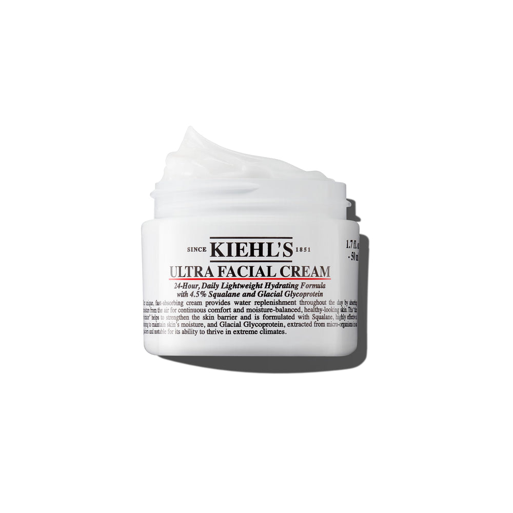 Kiehl's Ultra Facial Cream bottle shows 4.5% Squalane for lasting hydration.