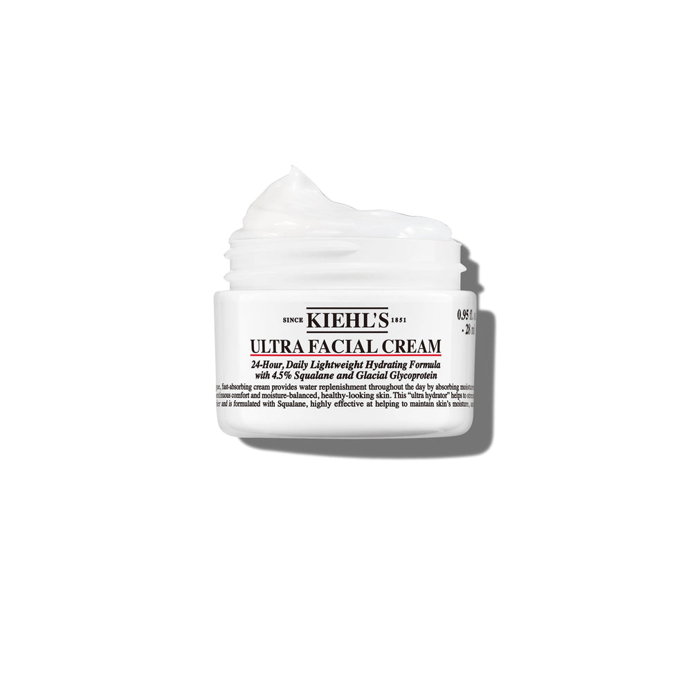 Kiehl's Ultra Facial Cream jar close-up showing 24-hour hydration.