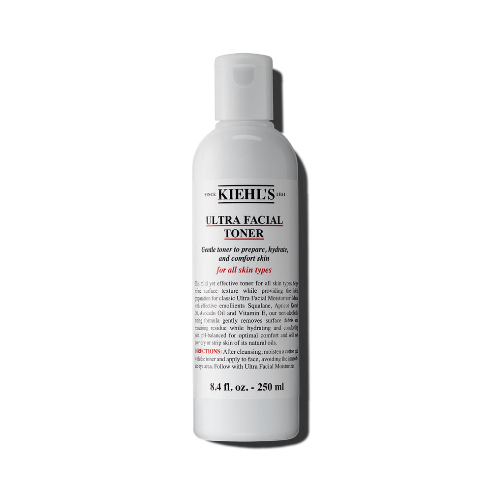 Kiehl's Ultra Facial Toner bottle close-up demonstrates hydrating, squalane-enriched formula for all skin types