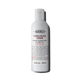 Kiehl's Ultra Facial Toner bottle close-up demonstrates hydrating, squalane-enriched formula for all skin types