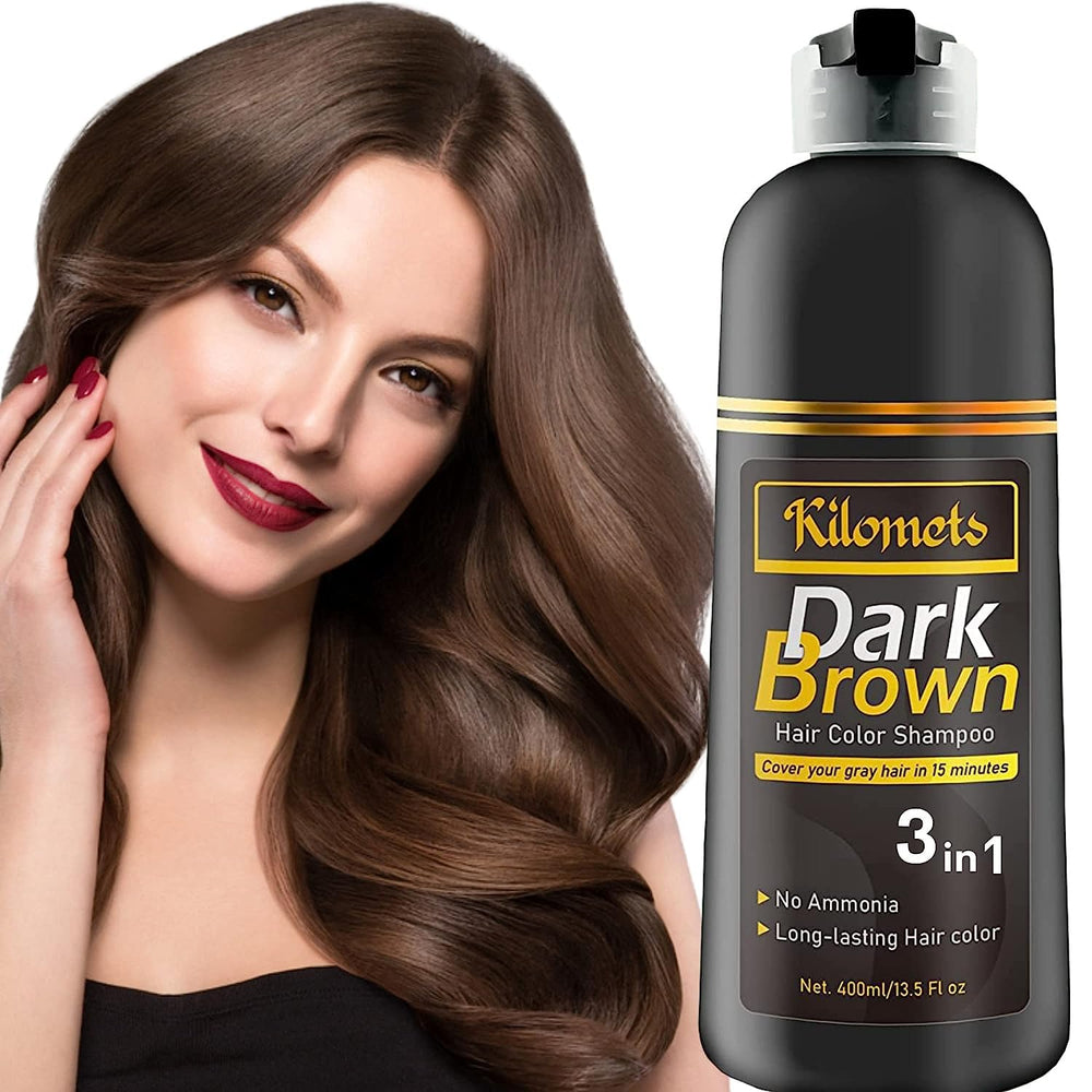 KILOMETS Dark Brown Hair Color Dye Shampoo bottle for quick gray coverage during application.